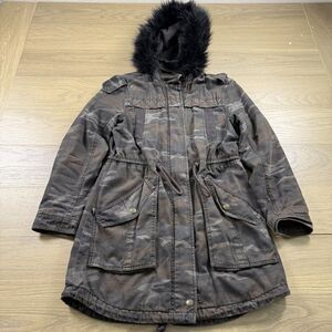 American Eagle Field Jacket Women Small Camo Military Faux Fur Vintage Y2K